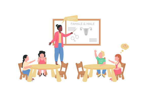 Teacher and Children at Biology Class Embroidery